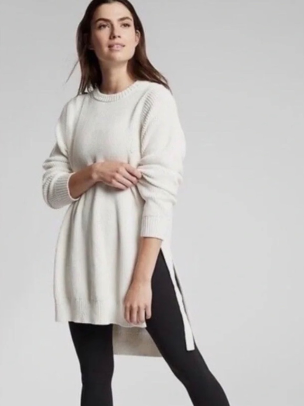 ATHLETA West End Tunic Sweater Cream Beige Cotton Knit Slit Sides Size Medium